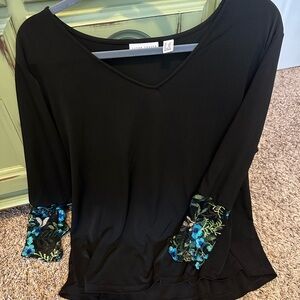 Susan Graver Black Top with Blue Floral Accents